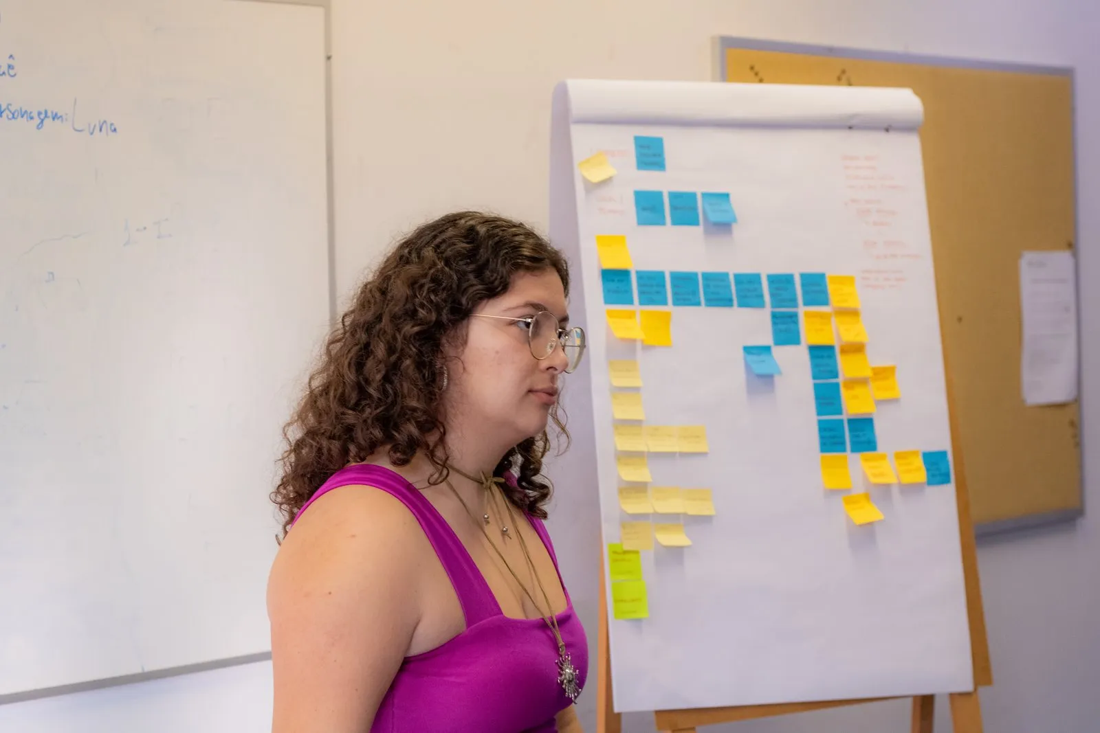 A participant stands next to a flipchart covered in sticky notes.