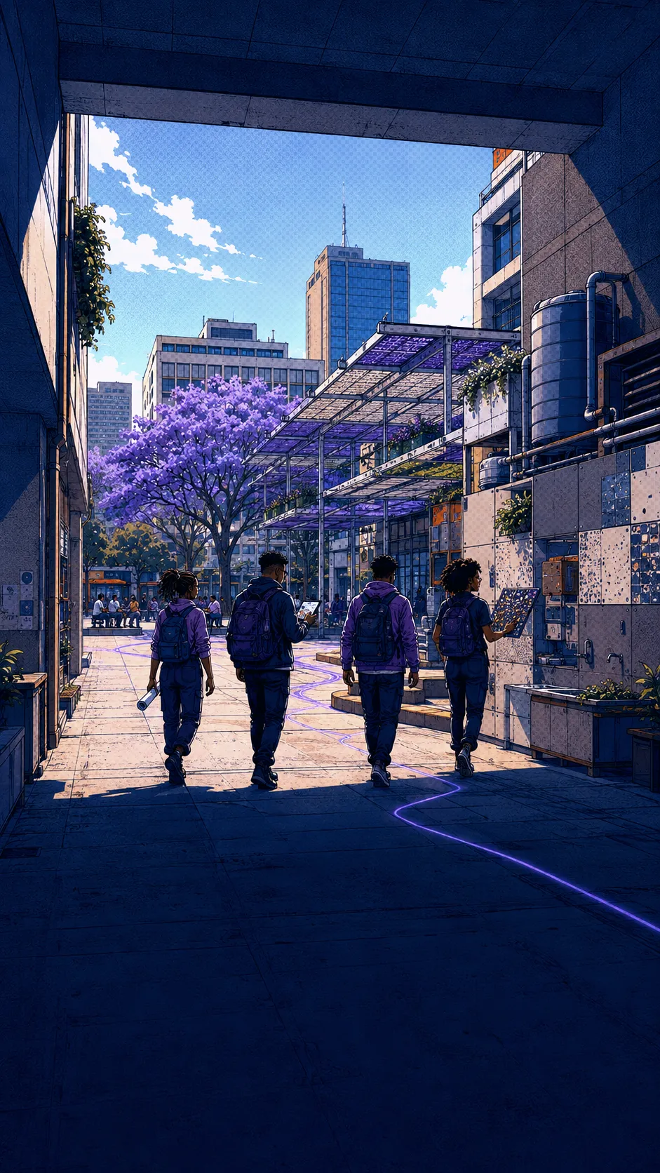Five young people around a workshop table in Harare, sketching and building over a glowing map, jacarandas outside the window.