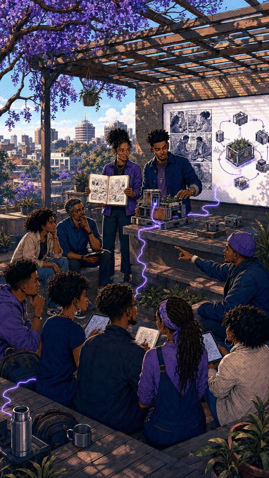 Two team members presenting a graphic novel page and a prototype on a rooftop in Harare, the city behind them.